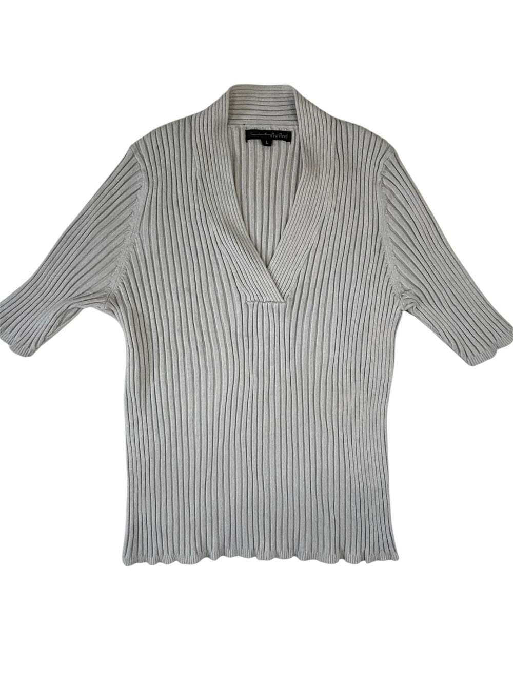 Pierri New York Ribbed Knit V-Neck Elbow Sleeve Top Size L